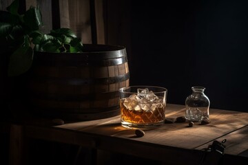 glass filled with liquor and ice cubes placed next to a wooden barrel. Generative AI