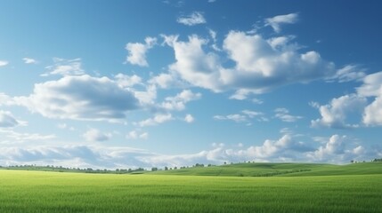 a beautiful cloudy blue sky with green field