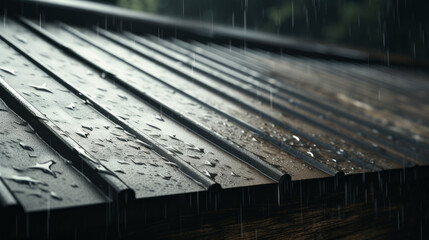The sound of rain gently tapping against a metal roof, with no one in sight - obrazy, fototapety, plakaty
