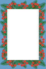 Frame with pine branches and red berries, winter holidays design element, vector