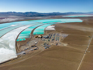 Aerial view of lithium fields / evaporation ponds in the highlands of northern Argentina, South...