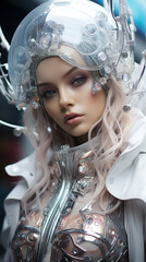 Futuristic young woman in trendy clothes and helmet. AI Generative - obrazy, fototapety, plakaty
