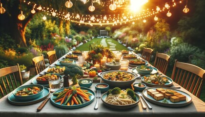 A vibrant vegan feast awaits, with a kaleidoscope of colorful dishes adorning the table, illuminated by string lights in an indoor banquet setting - obrazy, fototapety, plakaty