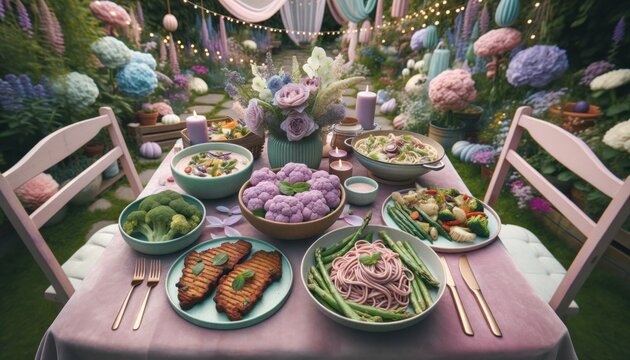 A vibrant vegan feast sprawls across the table, bursting with color and flavor, inviting guests to indulge in a bountiful banquet of plant-based delicacies surrounded by a sea of blooming flowers