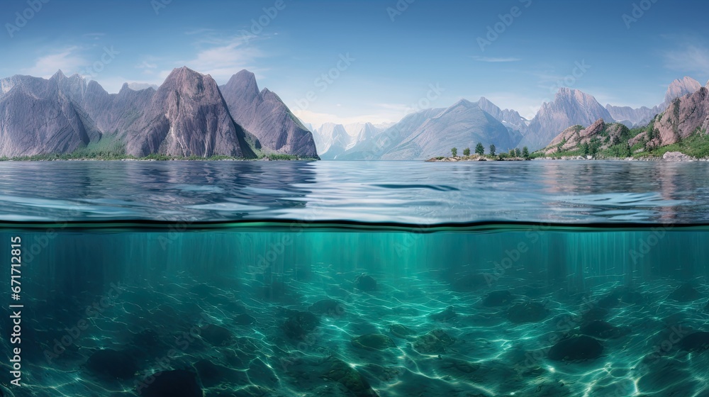 Poster an underwater view of a mountain range and a body of water with a small island in the middle of it. 