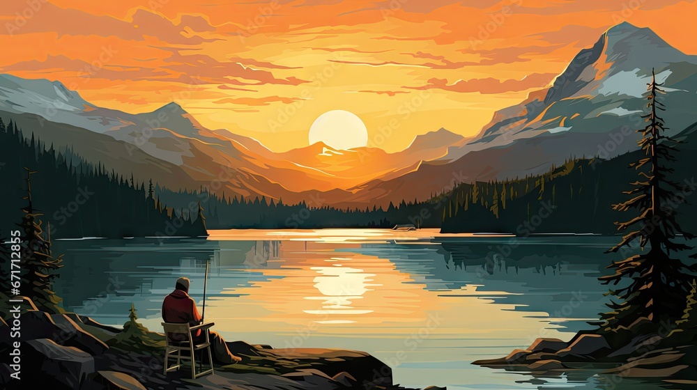 Poster a painting of a person sitting on a chair in front of a lake with a mountain range in the background