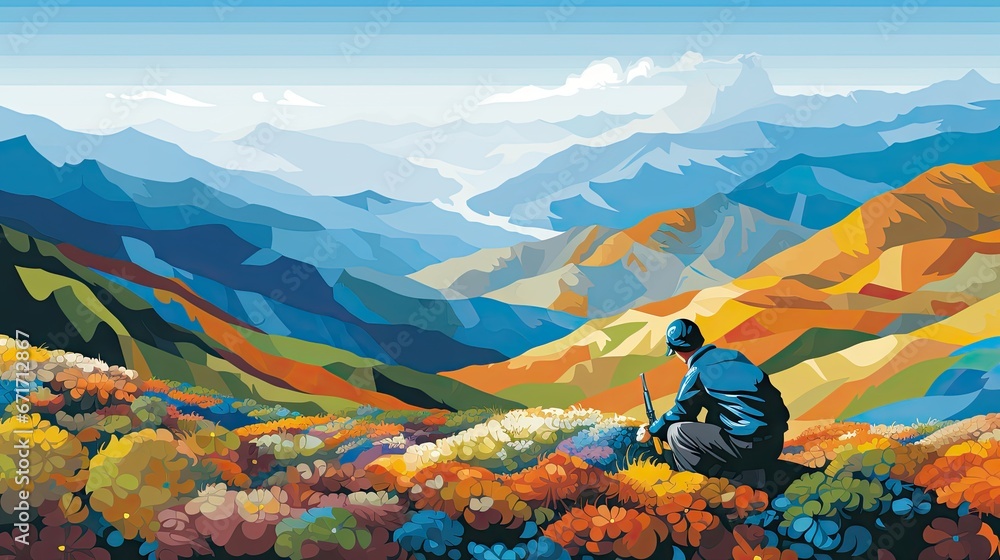 Poster a painting of a man sitting on top of a hill with a view of a mountain range in the background. gene