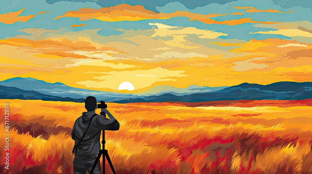 Poster a man taking a picture of a sunset over a field of tall grass with a camera on a tripod. generative 