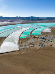 Aerial view of lithium fields / evaporation ponds in the highlands of northern Argentina, South America - a surreal, colorful landscape where batteries are born