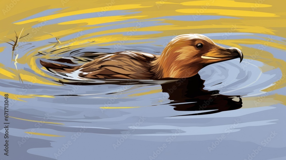 Poster a duck floating on top of a body of water next to a yellow and blue background with a tree in the mi