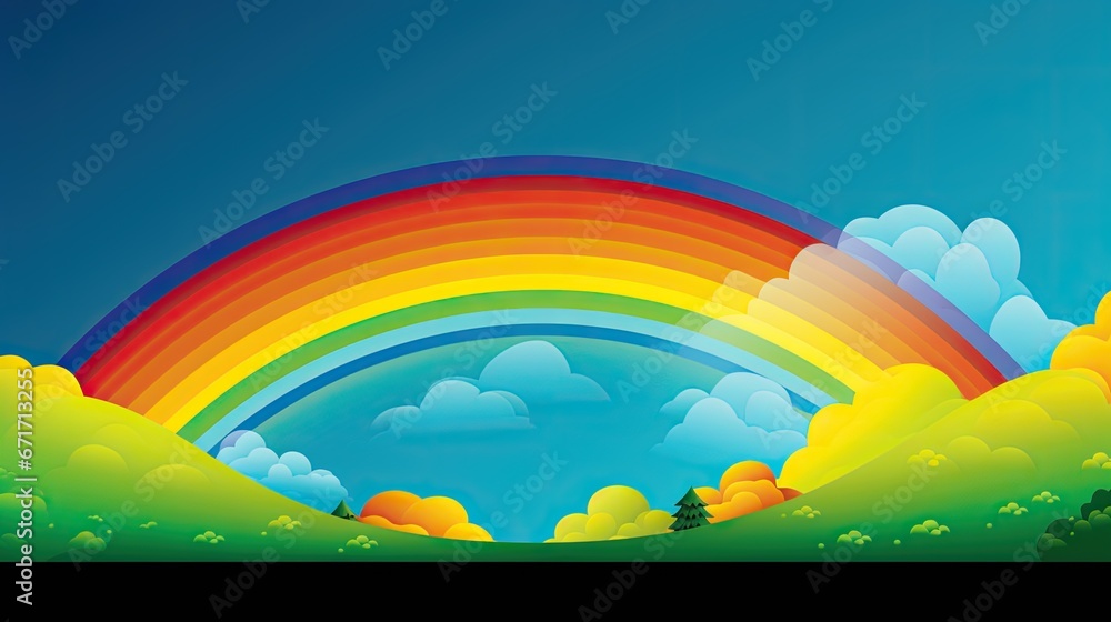 Poster a painting of a rainbow in the sky with clouds and trees in the foreground and a blue sky with cloud