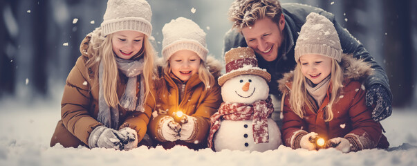 Family making a snowman in snowy forest. Concept of the relation and weekend together.