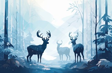 three deer in a snowy forest Generative AI