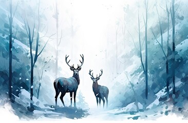 two deer in a snowy forest Generative AI