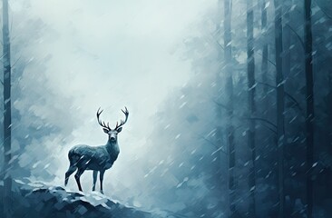 white deer in the winter forest with snow falling from the sky Generative AI