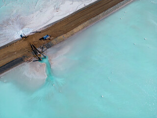 Aerial close up of lithium fields / evaporation ponds in the highlands of northern Argentina, South...