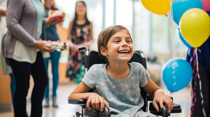 A young girl in a wheelchair smiling at a party filled with balloons. - obrazy, fototapety, plakaty