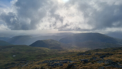 Beautiful views Aran Fawddwy mountain in southern Eryri (Snowdonia) National Park in Wales on a cloudy day