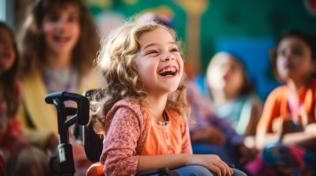 Child with a wheelchair laughing in classroom.