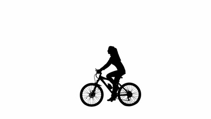 Portrait of female model. Black silhouette of female in casual clothing riding a sport bicycle. Isolated on white background with alpha channel.