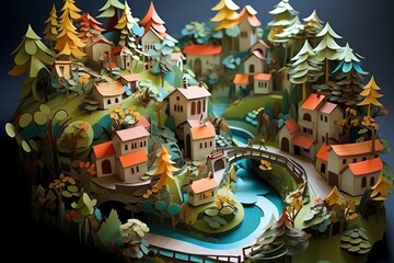 Whimsical paper-cut diorama of a charming village. Paper art, miniature world, whimsical scenery, cut-paper craftsmanship.