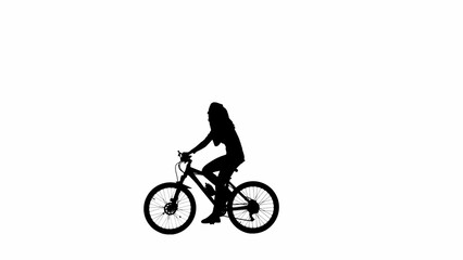 Fototapeta premium Portrait of female model. Black silhouette of girl talking answering call on smartphone on a bike. Isolated on white background alpha channel.