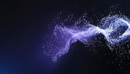 Abstract flowing fluid light particles purple and blue on black background in concept technology, science, space, universe.
