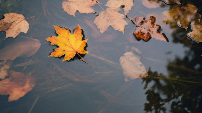 feuilles mortes qui flottent dans une flaque d'eau en automne