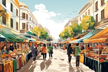Obraz premium Lively street market with colorful stalls and bustling shoppers. Market day, local culture, vibrant bazaar, street shopping.