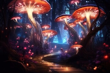 Enchanted forest with ethereal glowing mushrooms. Fantasy landscape, mystical woods, magical fungi.
