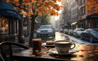 A cup of coffee rests on a café table amid a bustling street scene, with passing cars and fall leaves creating a cozy atmosphere