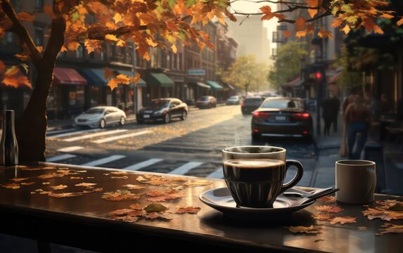 A cup of coffee rests on a café table amid a bustling street scene, with passing cars and fall leaves creating a cozy atmosphere