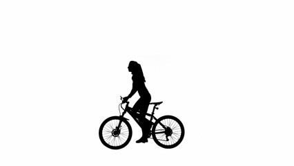 Portrait of female model. Black silhouette of girl riding a bike in standing up position. Isolated on white background with alpha channel.