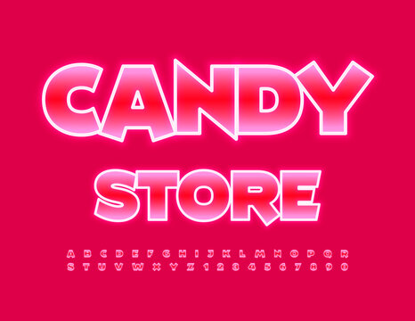 Vector pink logo Candy Store. Funny Glowing Font. Neon set of Alphabet Letters and Numbers