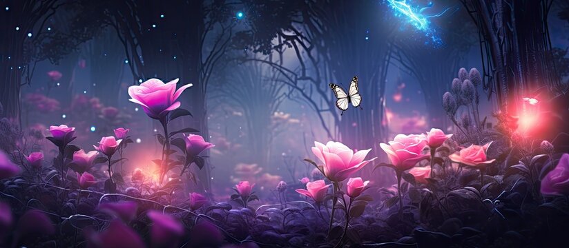 Enchanted forest with rose garden butterflies and glowing night sky