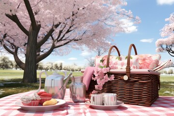 a picnic basket filled with food and drinks under a cherry blossom tree