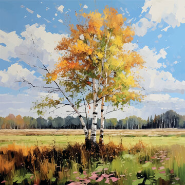 Illustration of painting birch in the middle of the field, realistic, colorful