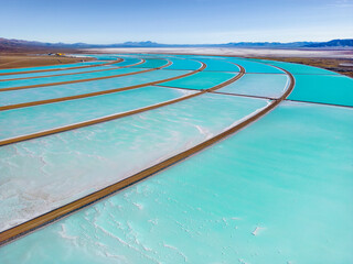 Aerial view of lithium fields / evaporation ponds in the highlands of northern Argentina, South...