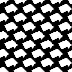 Repeated white slanted shapes on black background. Seamless surface pattern design with polygons ornament. Hexagonal blocks wallpaper. Jagged figures motif. Digital paper for print, page fill. Vector.