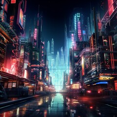 Neon mega city capital towers with futuristic technology background