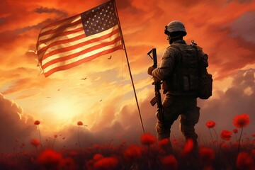 a soldier standing in a field of red poppies, holding an American flag.