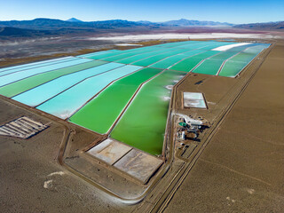 Aerial view of lithium fields / evaporation ponds in the highlands of northern Argentina, South...