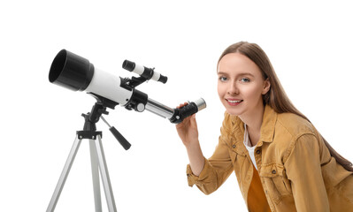 Happy astronomer with telescope on white background