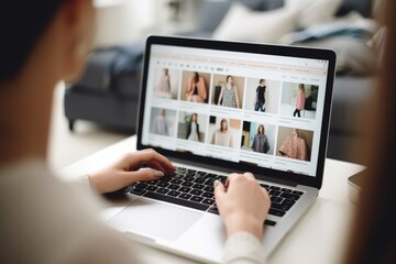 A woman is shopping for clothes with a laptop via an online store website. - Powered by Adobe