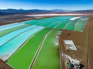 Aerial view of lithium fields / evaporation ponds in the highlands of northern Argentina, South...