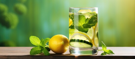 Cucumber and lemon infused detox water served in a glass with basil and mint leaves representing a healthy diet and fitness Copy space available
