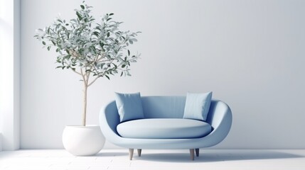 Cute blue loveseat sofa or snuggle chair and pot with.Generative AI