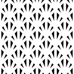 Black triangles on white background. Image with repeated teeth. Canines. Seamless pattern with scales. Modern grid motif. Peacock. Sharp strokes. Palm tree leafs grid. Triangular shapes. Vector art.