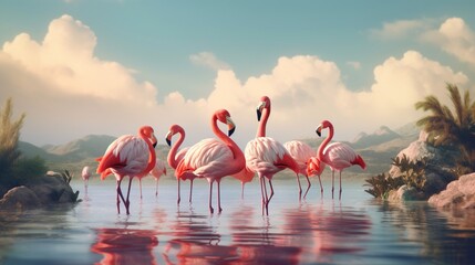 Flamingos enjoying the lake and the landscape in a Background.Generative AI