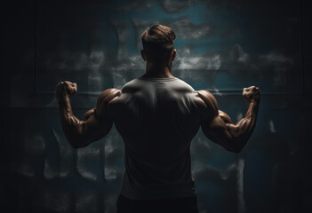 Back view of man with very strong illuminated shadow flexing muscles on dark wall background - obrazy, fototapety, plakaty